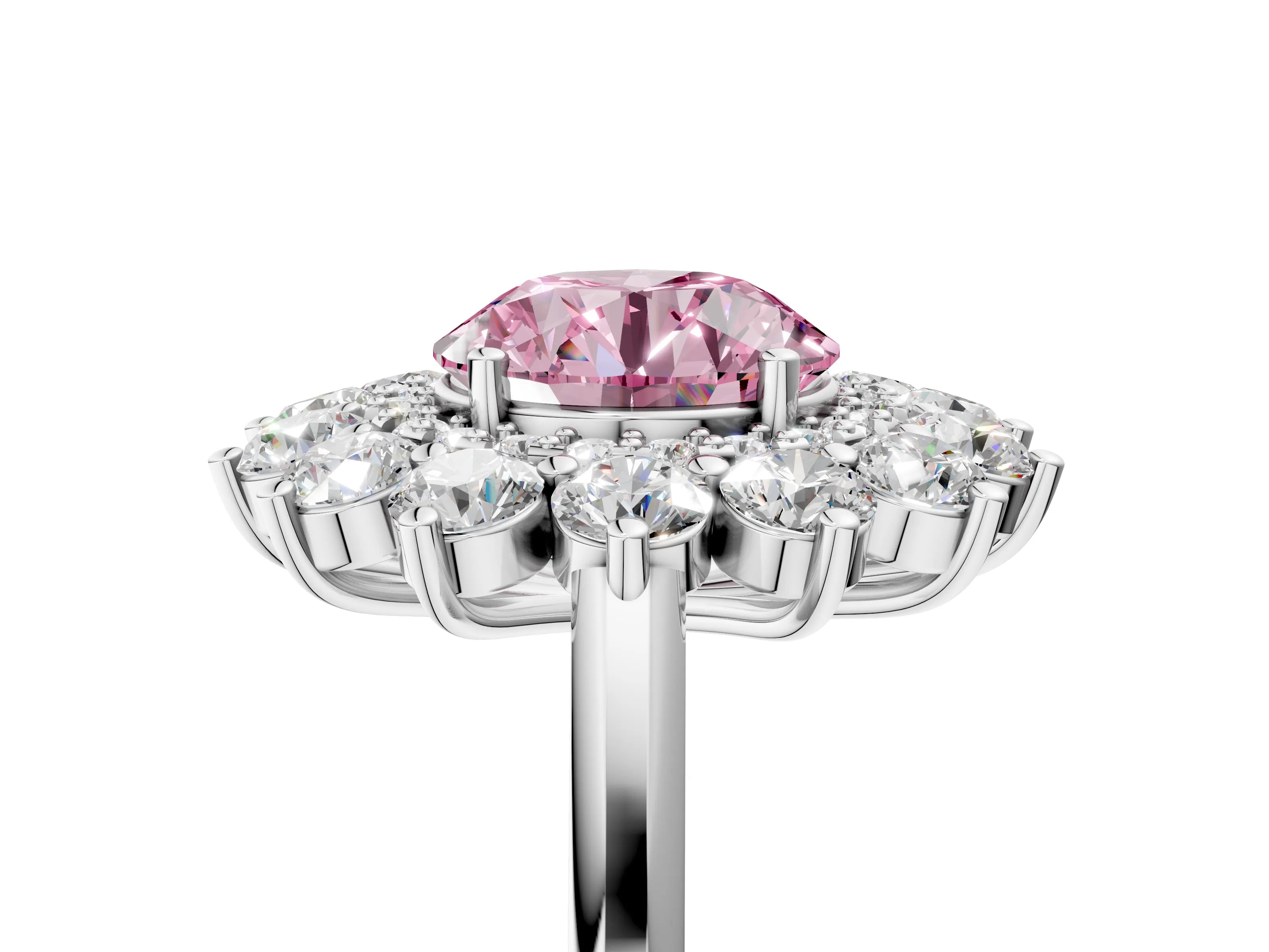 White gold Fancy Pink Round Cut Halo Cluster Diamond Ring with Pave Band and Four-Prong Setting_5