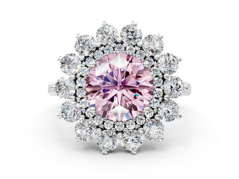 White gold Fancy Pink Round Cut Halo Cluster Diamond Ring with Pave Band and Four-Prong Setting