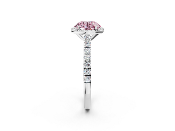 White gold Fancy Pink Round  Cut Halo Diamond Engagement Ring with Pave Band and Four-Prong Setting