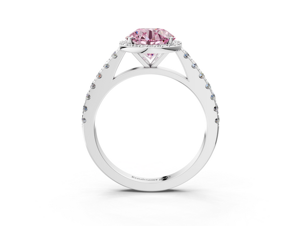 White gold Fancy Pink Round  Cut Halo Diamond Engagement Ring with Pave Band and Four-Prong Setting