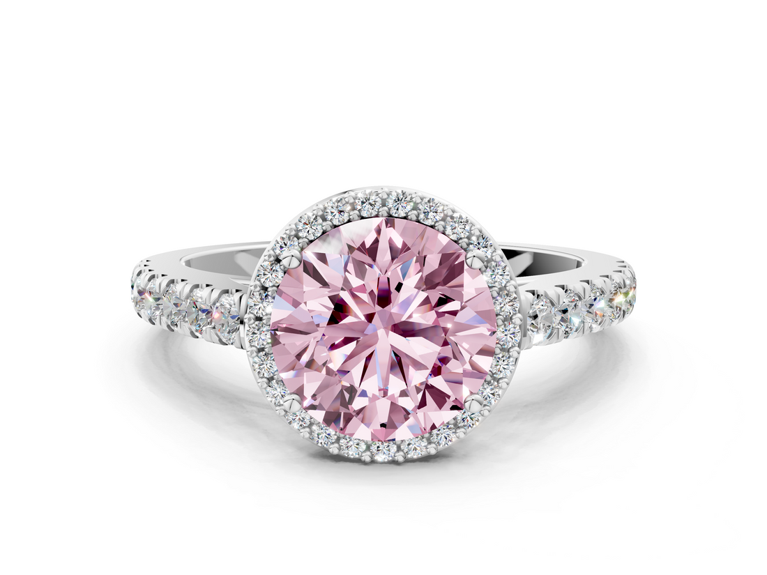 White gold Fancy Pink Round  Cut Halo Diamond Engagement Ring with Pave Band and Four-Prong Setting