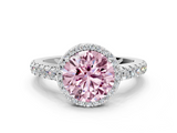 White gold Fancy Pink Round  Cut Halo Diamond Engagement Ring with Pave Band and Four-Prong Setting
