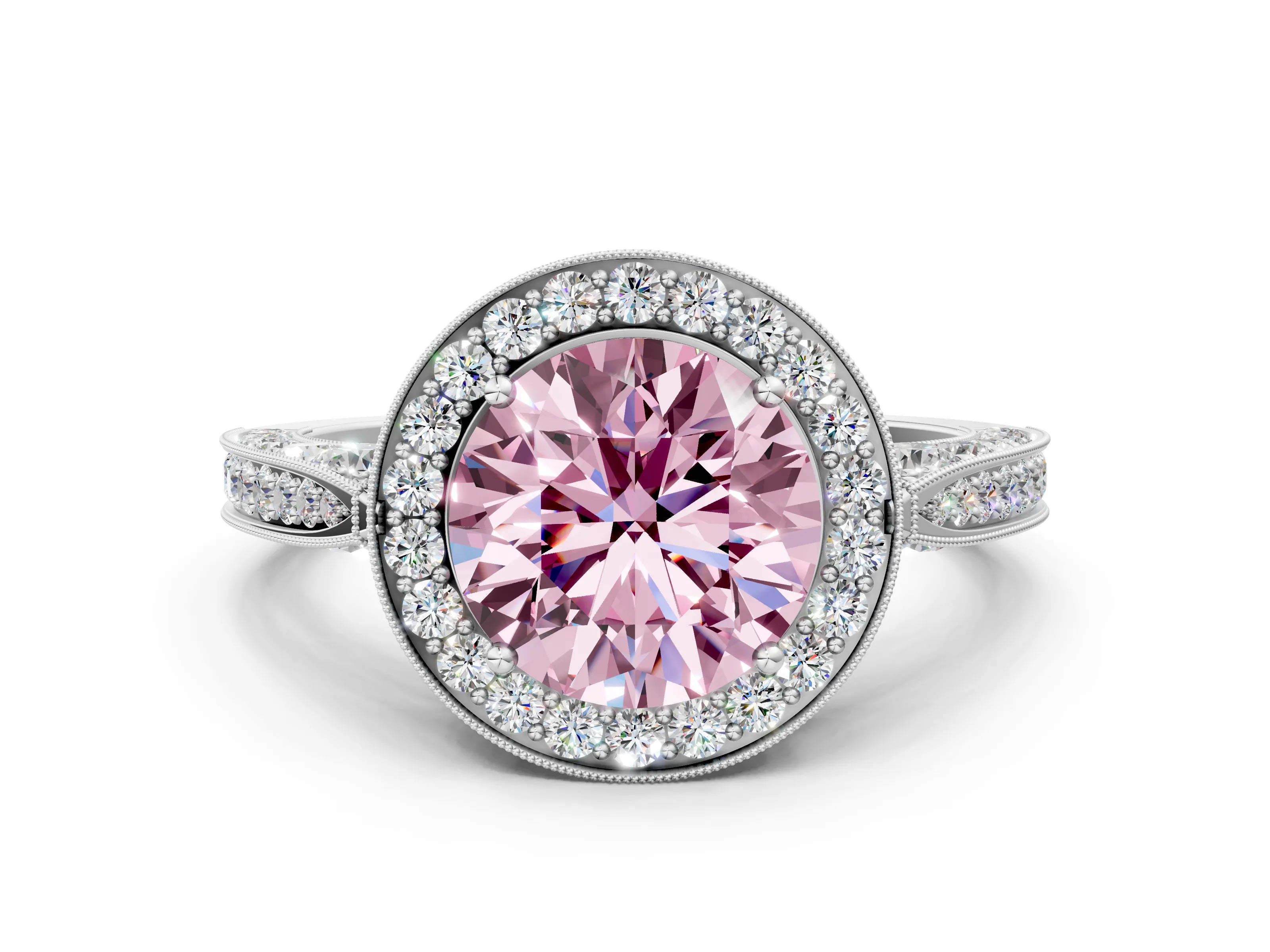 White gold Fancy Pink Round Cut Halo Diamond Engagement Ring with Split Shank Band and Four-Prong Setting_12