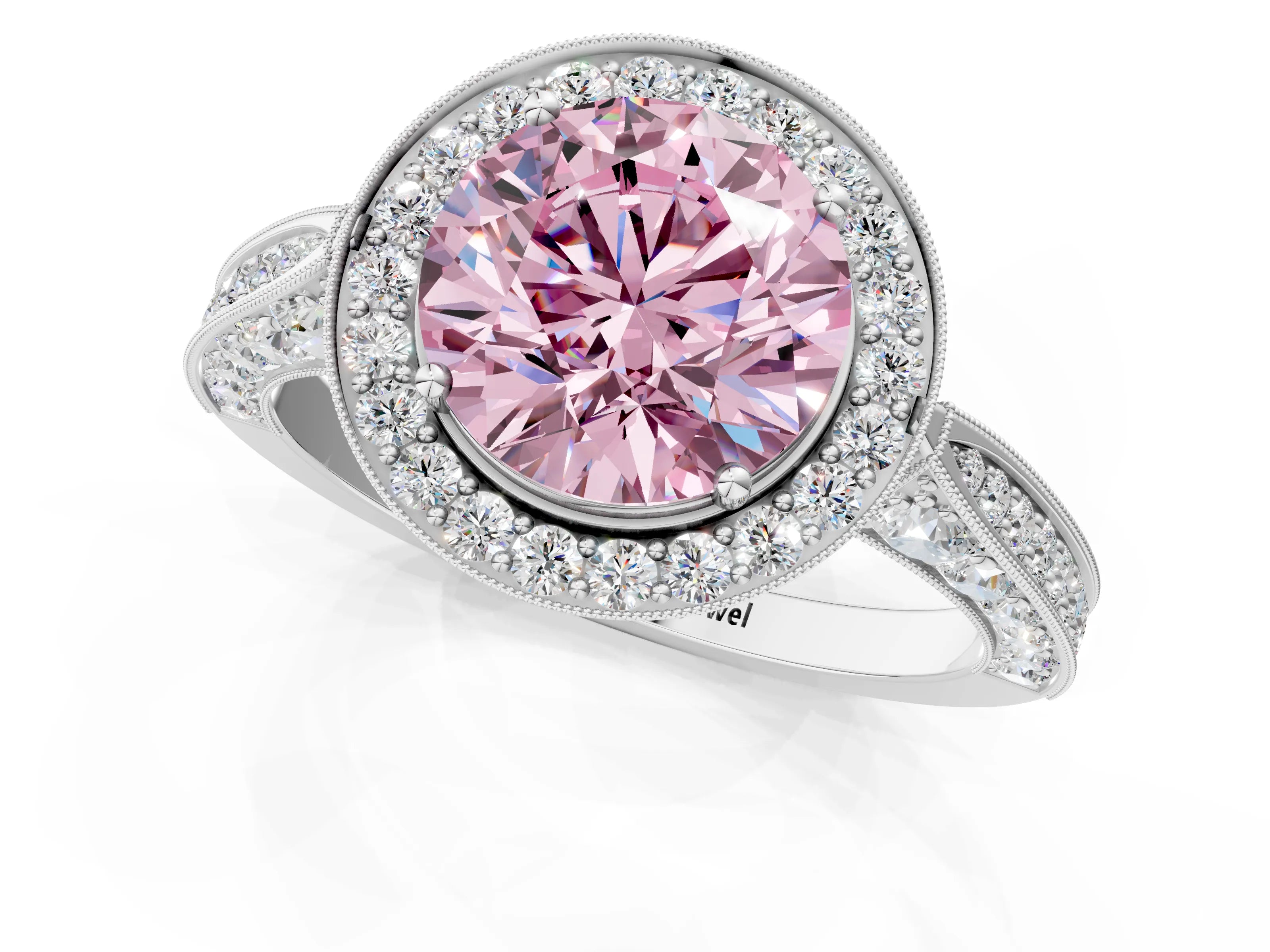 White gold Fancy Pink Round Cut Halo Diamond Engagement Ring with Split Shank Band and Four-Prong Setting_13