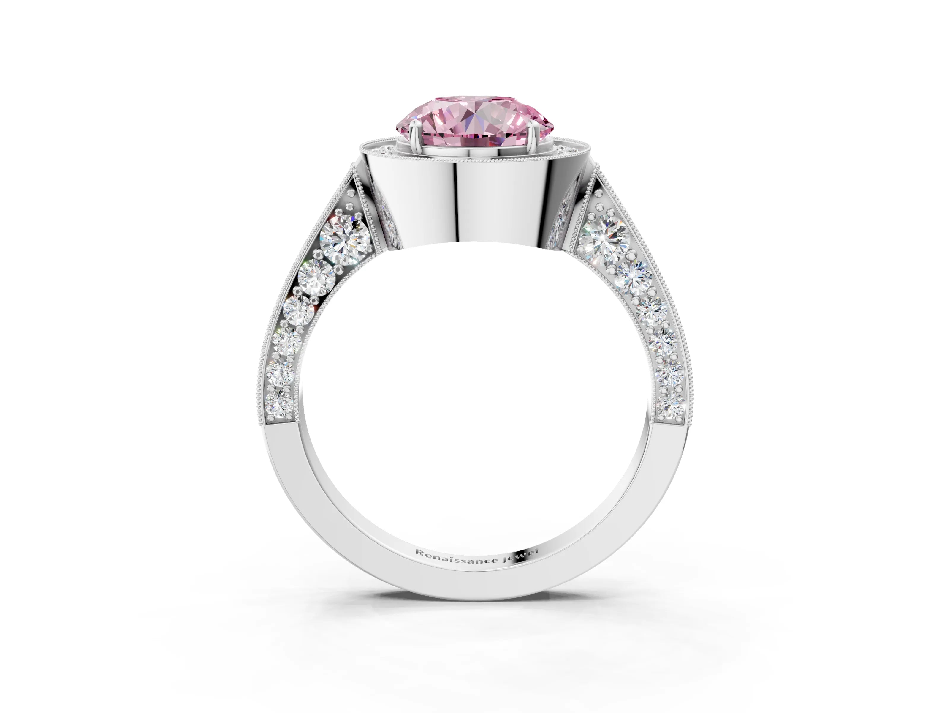White gold Fancy Pink Round Cut Halo Diamond Engagement Ring with Split Shank Band and Four-Prong Setting_15