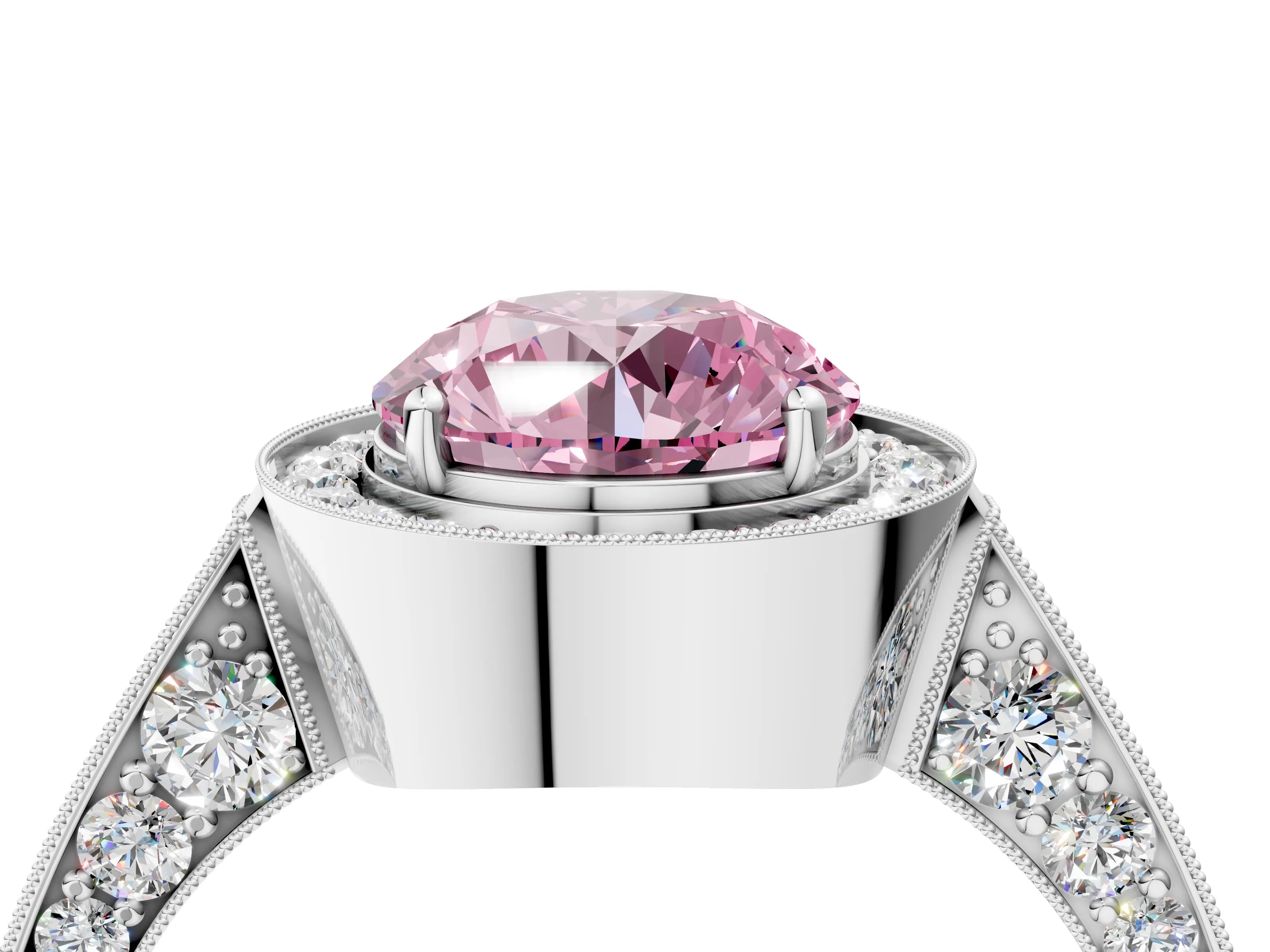 White gold Fancy Pink Round Cut Halo Diamond Engagement Ring with Split Shank Band and Four-Prong Setting_16