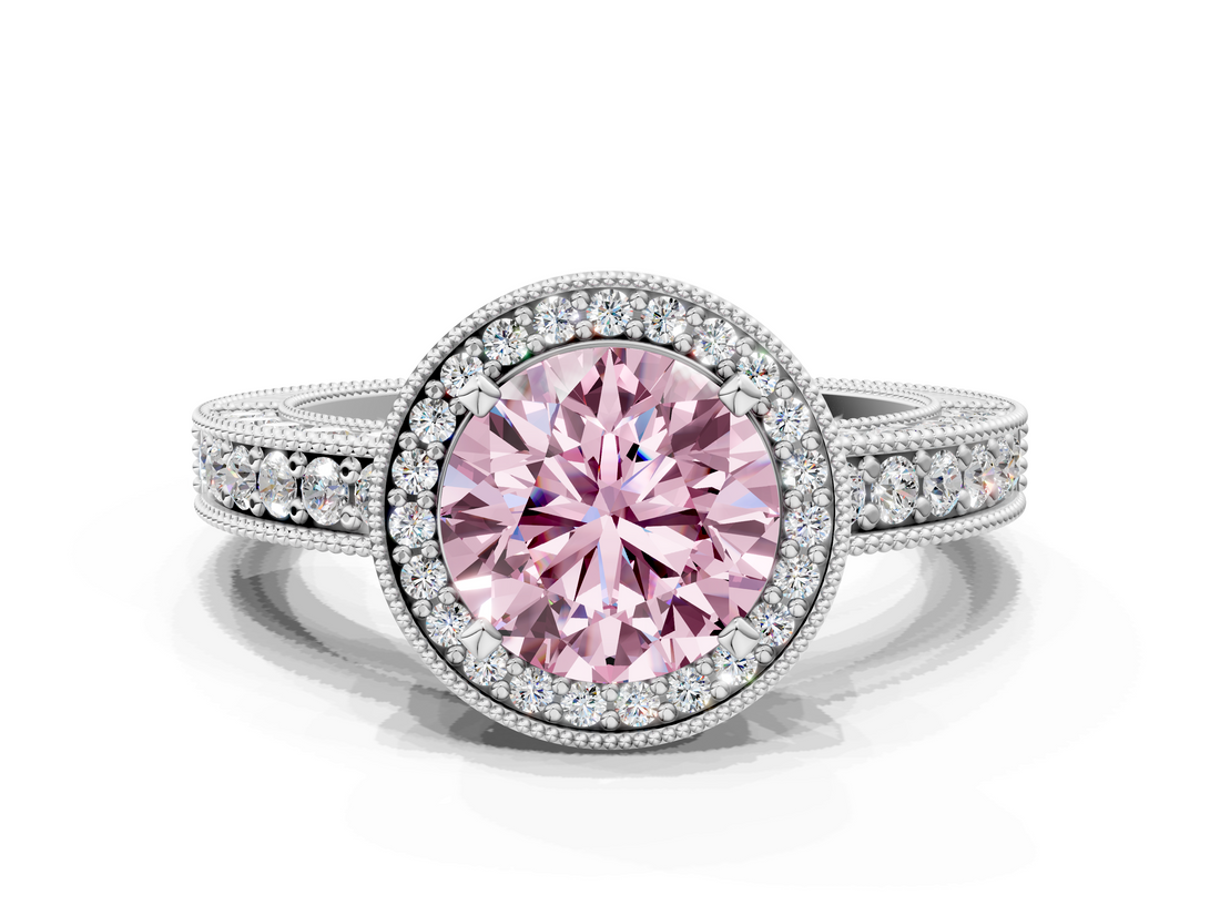 White gold Fancy Pink Round  Cut Halo Diamond Pave Band Ring with Four-Prong Setting