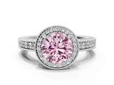 White gold Fancy Pink Round  Cut Halo Diamond Pave Band Ring with Four-Prong Setting