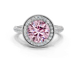 White gold Fancy Pink Round  Cut Halo Diamond Pave Band with Four-Prong Setting