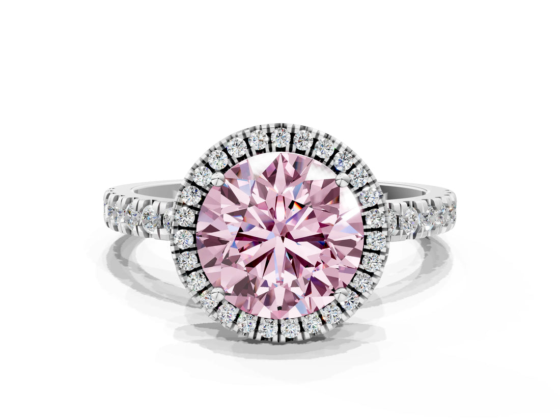 White gold Fancy Pink Round Cut Halo Diamond Pave Band with Prong Setting_36