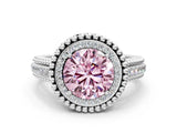 White gold Fancy Pink Round Cut Halo Diamond Ring with Beaded Split Shank and Four-Prong Setting