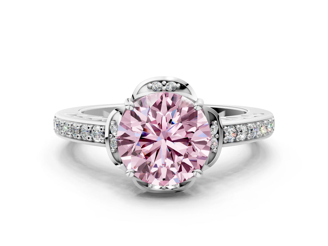 White gold Fancy Pink Round  Cut Halo Diamond Ring with Channel Set Band and Four-Prong Setting_28