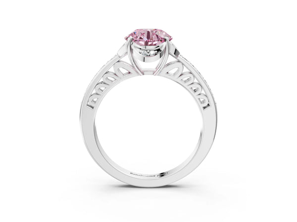 Platinum Round Floral Engagement Ring Setting for Fancy Pink Center with Petal Accents and Pave Band