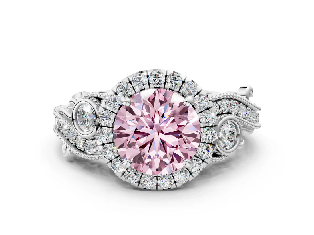 White gold Fancy Pink Round Cut Halo Diamond Ring with Milgrain and Bezel Accents on a Split Shank Band_12