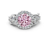 White gold Fancy Pink Round Cut Halo Diamond Ring with Milgrain and Bezel Accents on a Split Shank Band_12
