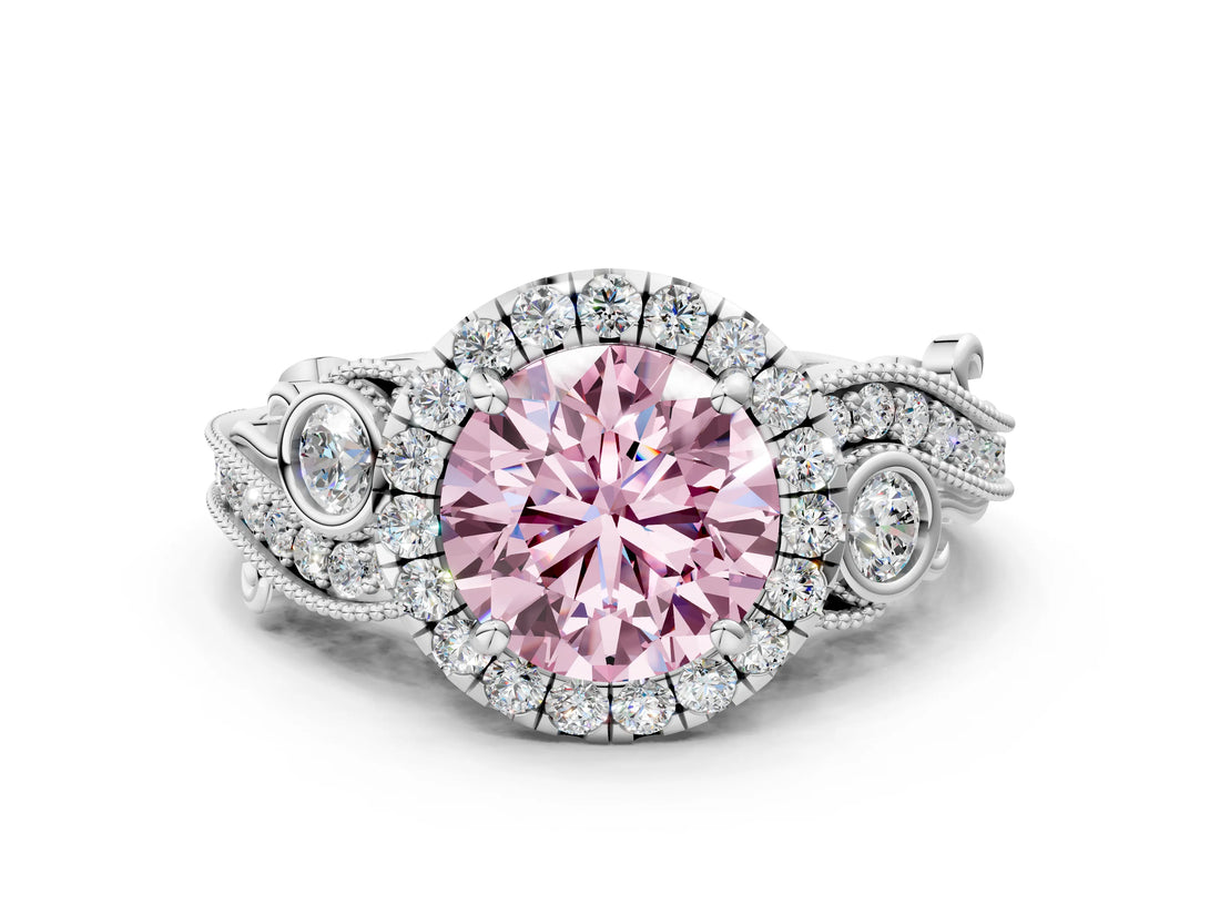 White gold Fancy Pink Round Cut Halo Diamond Ring with Milgrain and Bezel Accents on a Split Shank Band_12