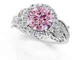 White gold Fancy Pink Round Cut Halo Diamond Ring with Milgrain and Bezel Accents on a Split Shank Band_13