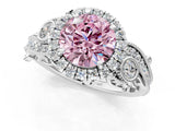 White gold Fancy Pink Round Cut Halo Diamond Ring with Milgrain and Bezel Accents on a Split Shank Band_13