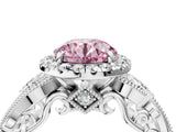 White gold Fancy Pink Round Cut Halo Diamond Ring with Milgrain and Bezel Accents on a Split Shank Band_16