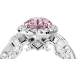 White gold Fancy Pink Round Cut Halo Diamond Ring with Milgrain and Bezel Accents on a Split Shank Band_16