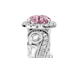 White gold Fancy Pink Round Cut Halo Diamond Ring with Milgrain and Bezel Accents on a Split Shank Band_17
