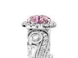White gold Fancy Pink Round Cut Halo Diamond Ring with Milgrain and Bezel Accents on a Split Shank Band_17