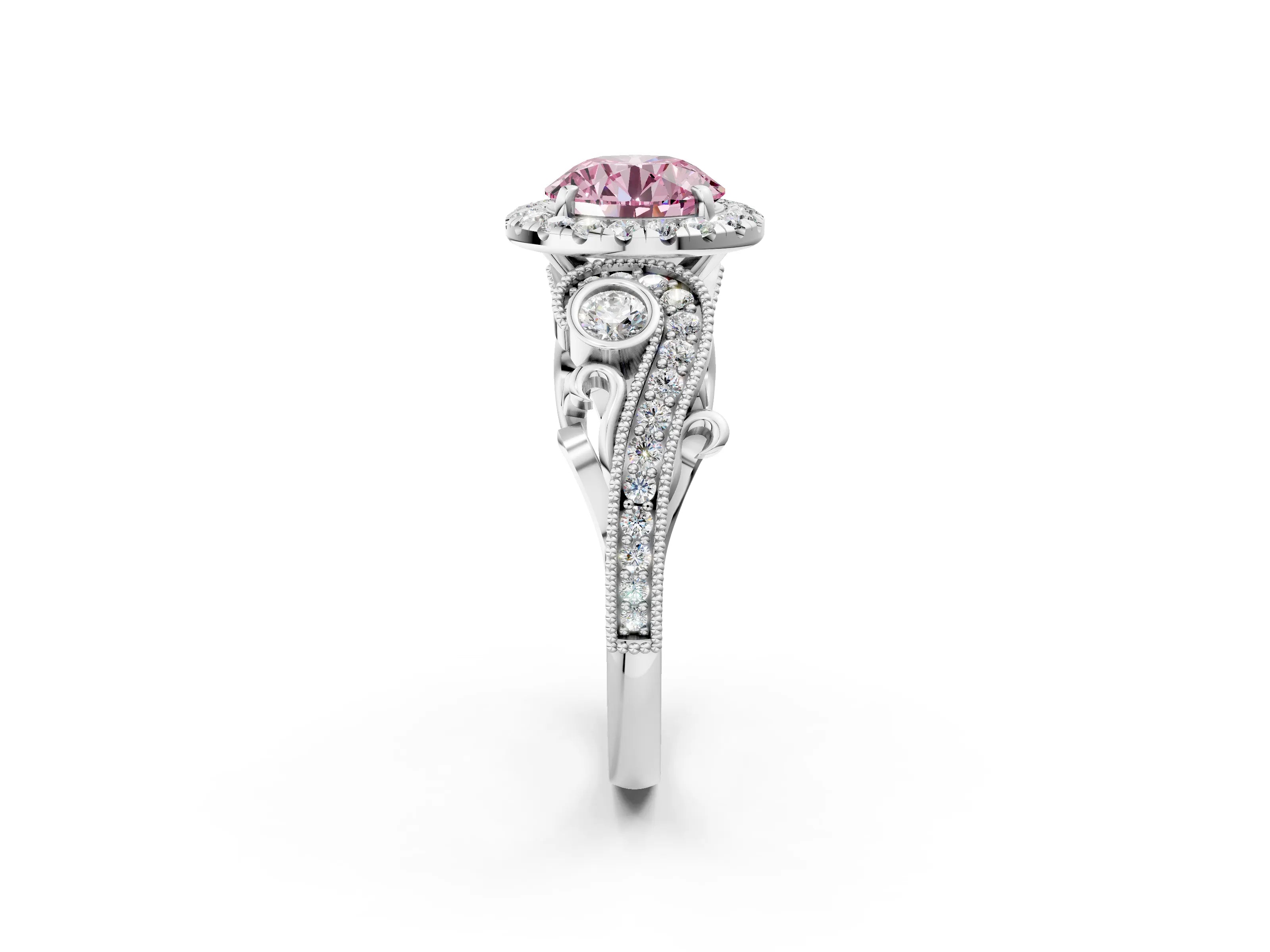 White gold Fancy Pink Round Cut Halo Diamond Ring with Milgrain and Bezel Accents on a Split Shank Band_2