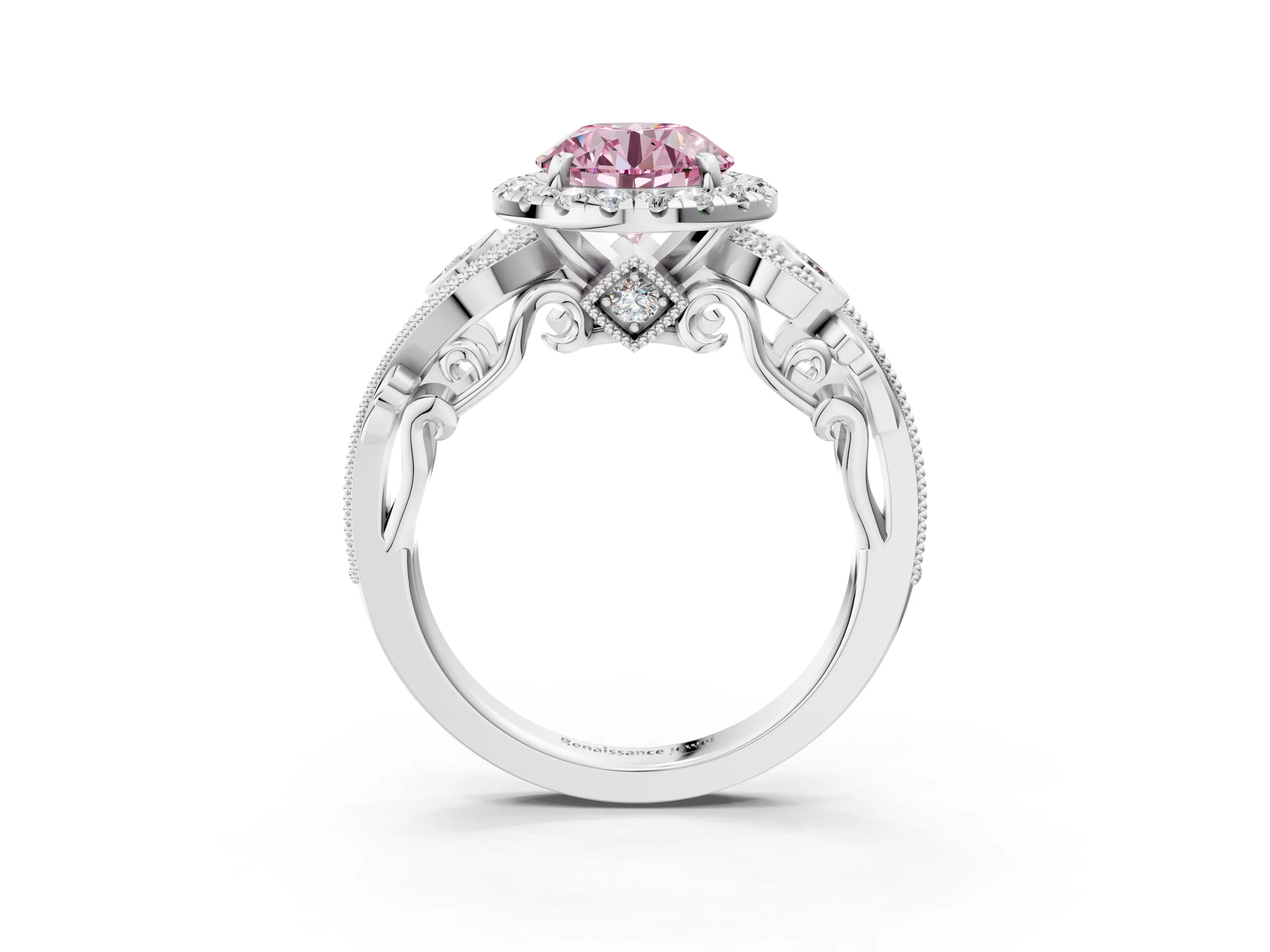 White gold Fancy Pink Round Cut Halo Diamond Ring with Milgrain and Bezel Accents on a Split Shank Band_3