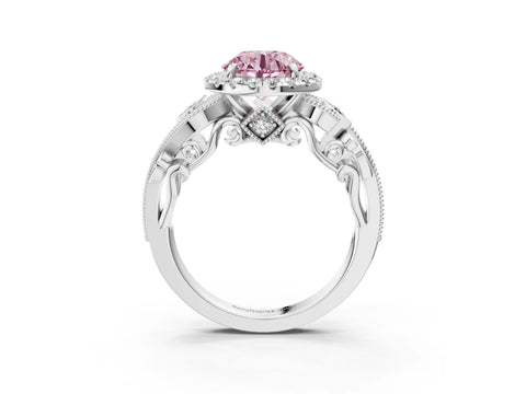 White gold Fancy Pink Round Cut Halo Diamond Ring with Milgrain and Bezel Accents on a Split Shank Band_3