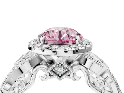 White gold Fancy Pink Round Cut Halo Diamond Ring with Milgrain and Bezel Accents on a Split Shank Band_4