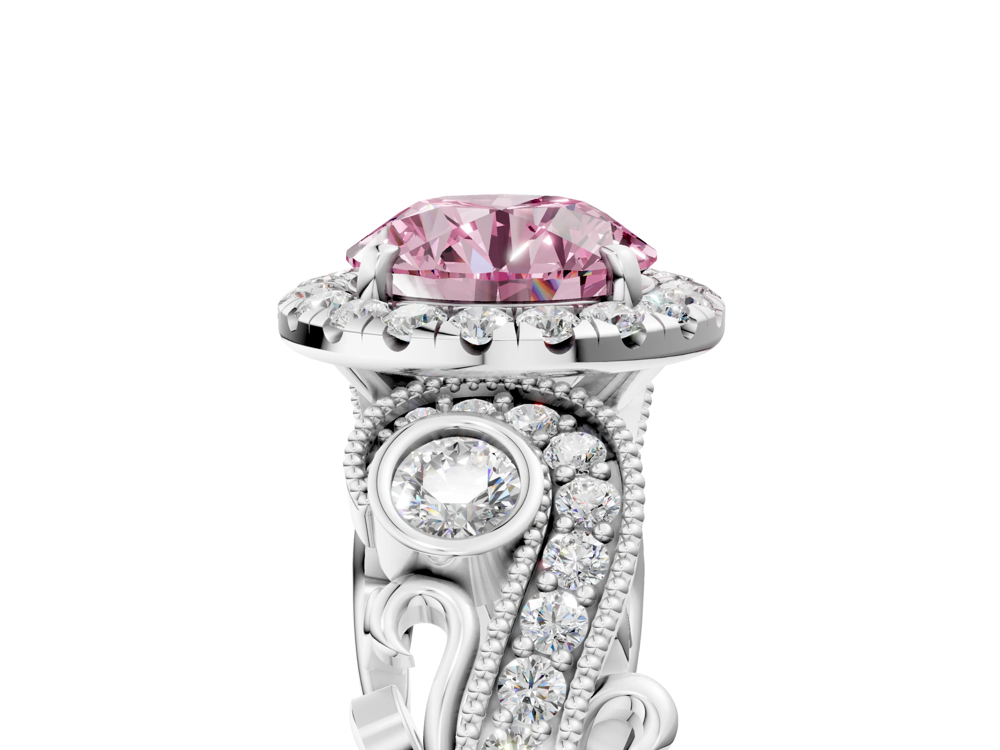 White gold Fancy Pink Round Cut Halo Diamond Ring with Milgrain and Bezel Accents on a Split Shank Band_5