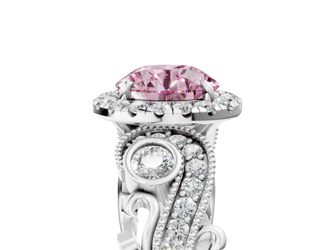 White gold Fancy Pink Round Cut Halo Diamond Ring with Milgrain and Bezel Accents on a Split Shank Band_5