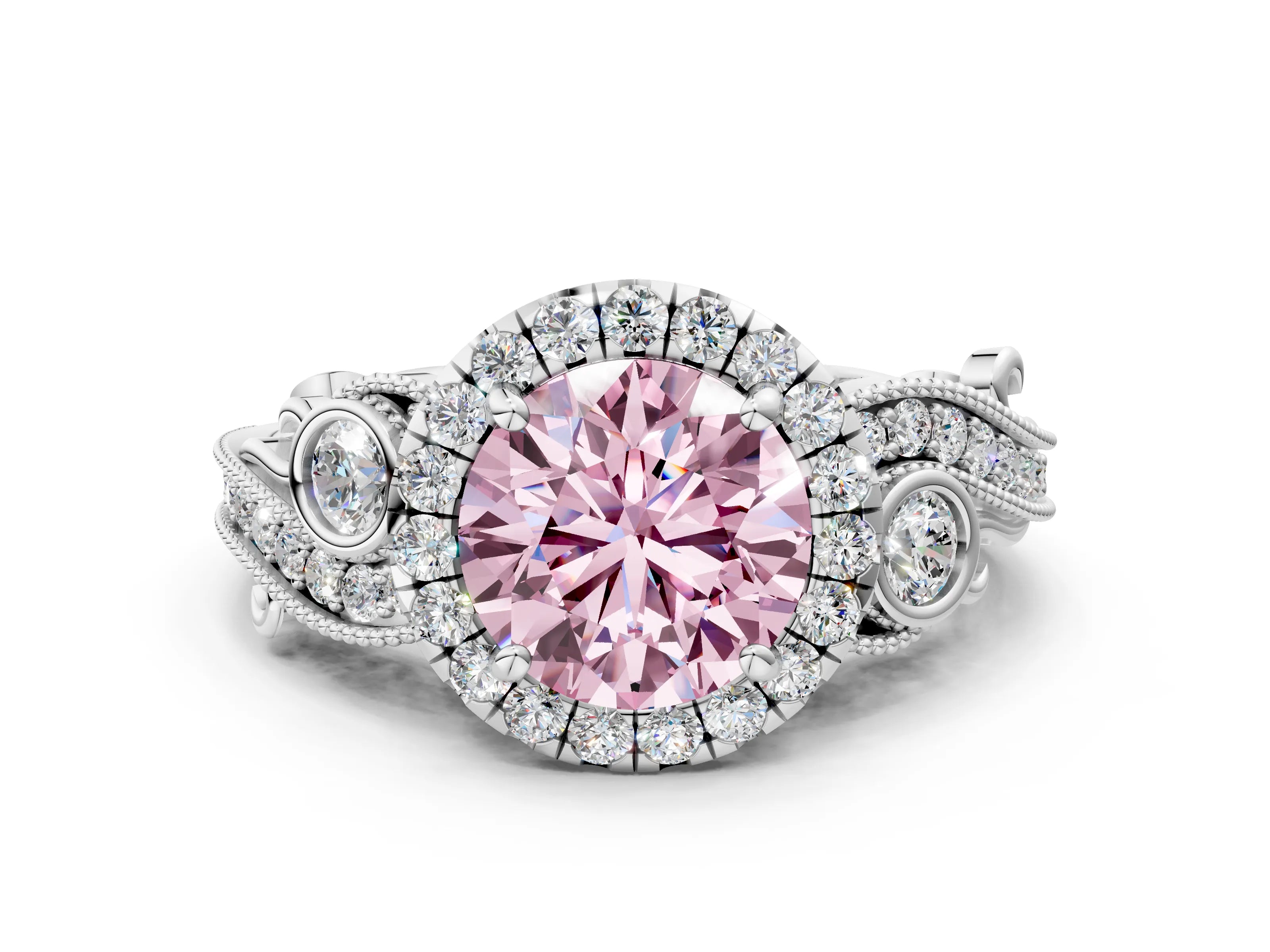 White gold Fancy Pink Round Cut Halo Diamond Ring with Milgrain and Bezel Accents on a Split Shank Band