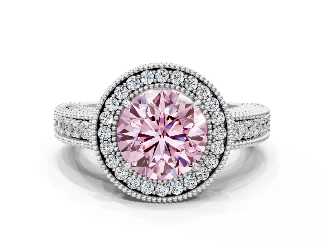 White gold Fancy Pink Round  Cut Halo Diamond Ring with Pavé Band and Four-Prong Setting_29