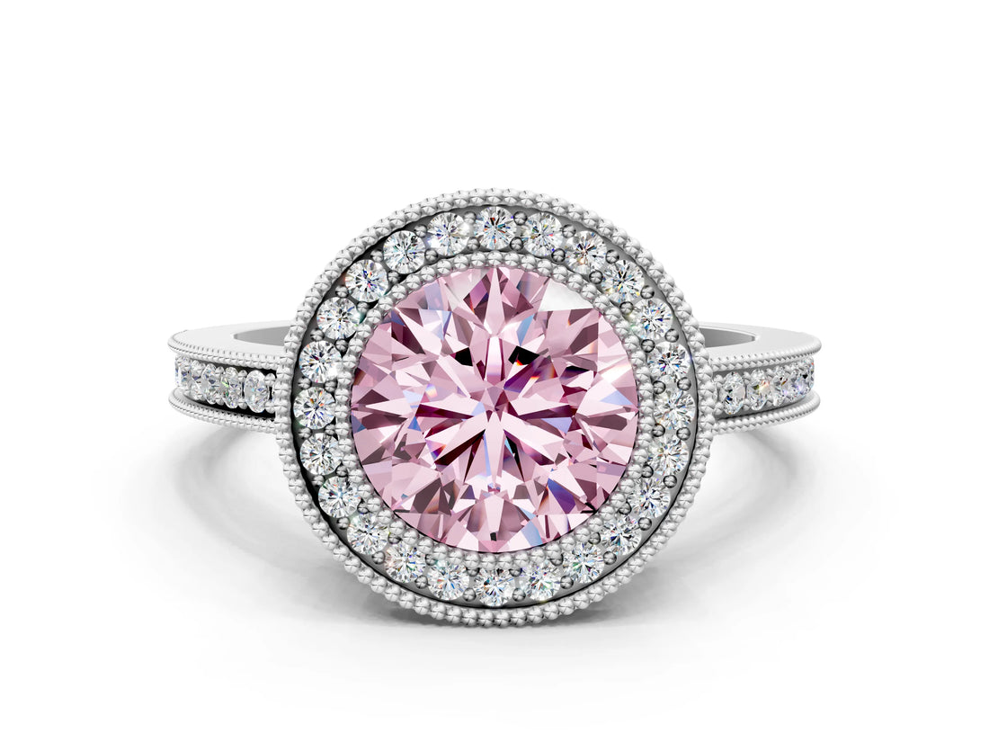 White gold Fancy Pink Round  Cut Halo Diamond Ring with Pavé Band and Milgrain Prong Setting_53