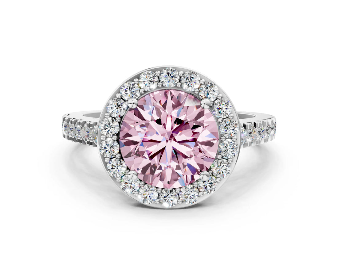 White gold Fancy Pink Round Cut Halo Diamond Ring with Pavé Band and Three-Prong Setting_12