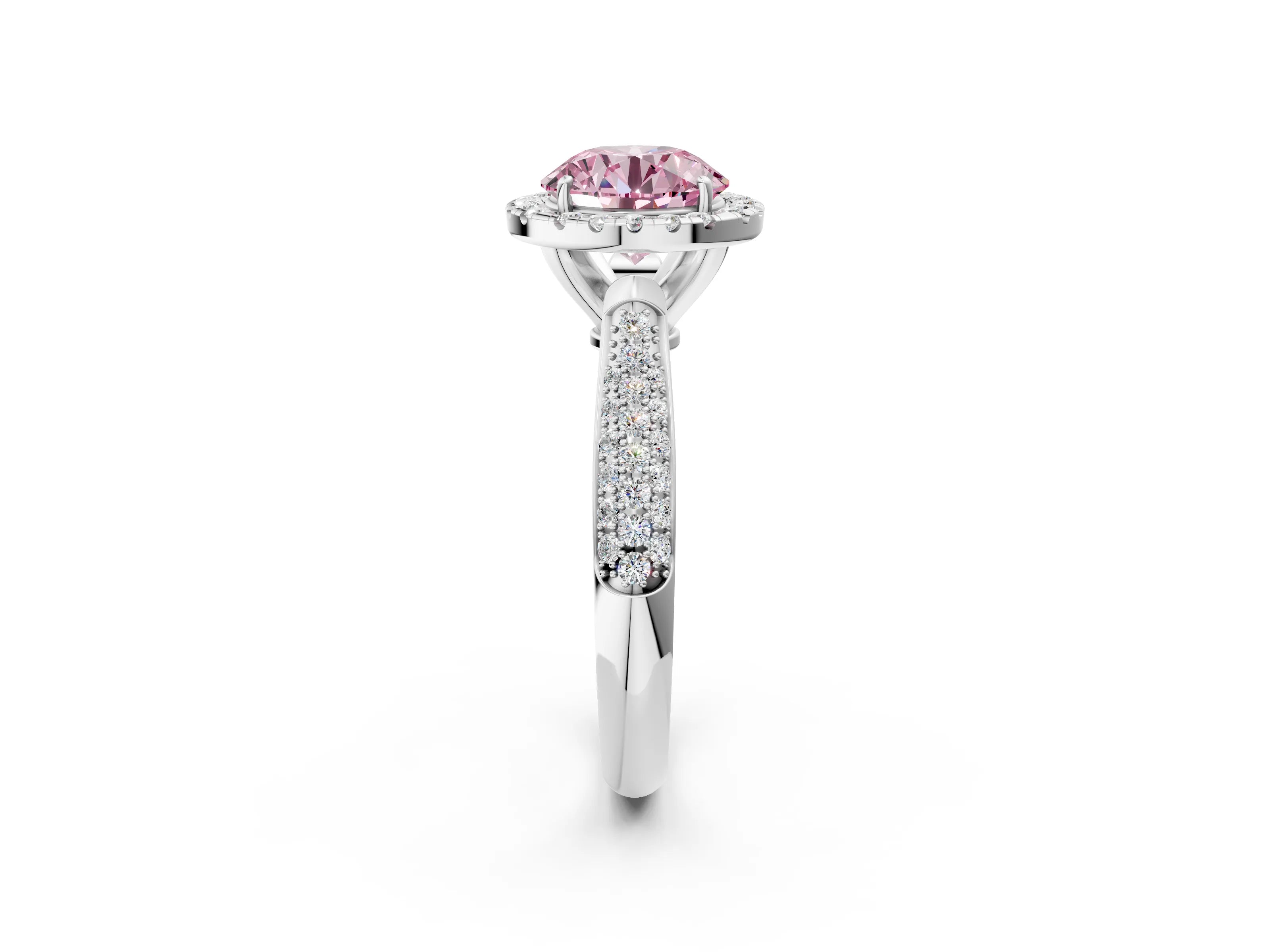 White gold Fancy Pink Round Cut Halo Diamond Ring with Pavé Band_2