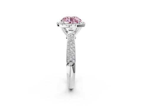 White gold Fancy Pink Round Cut Halo Diamond Ring with Pavé Band_2