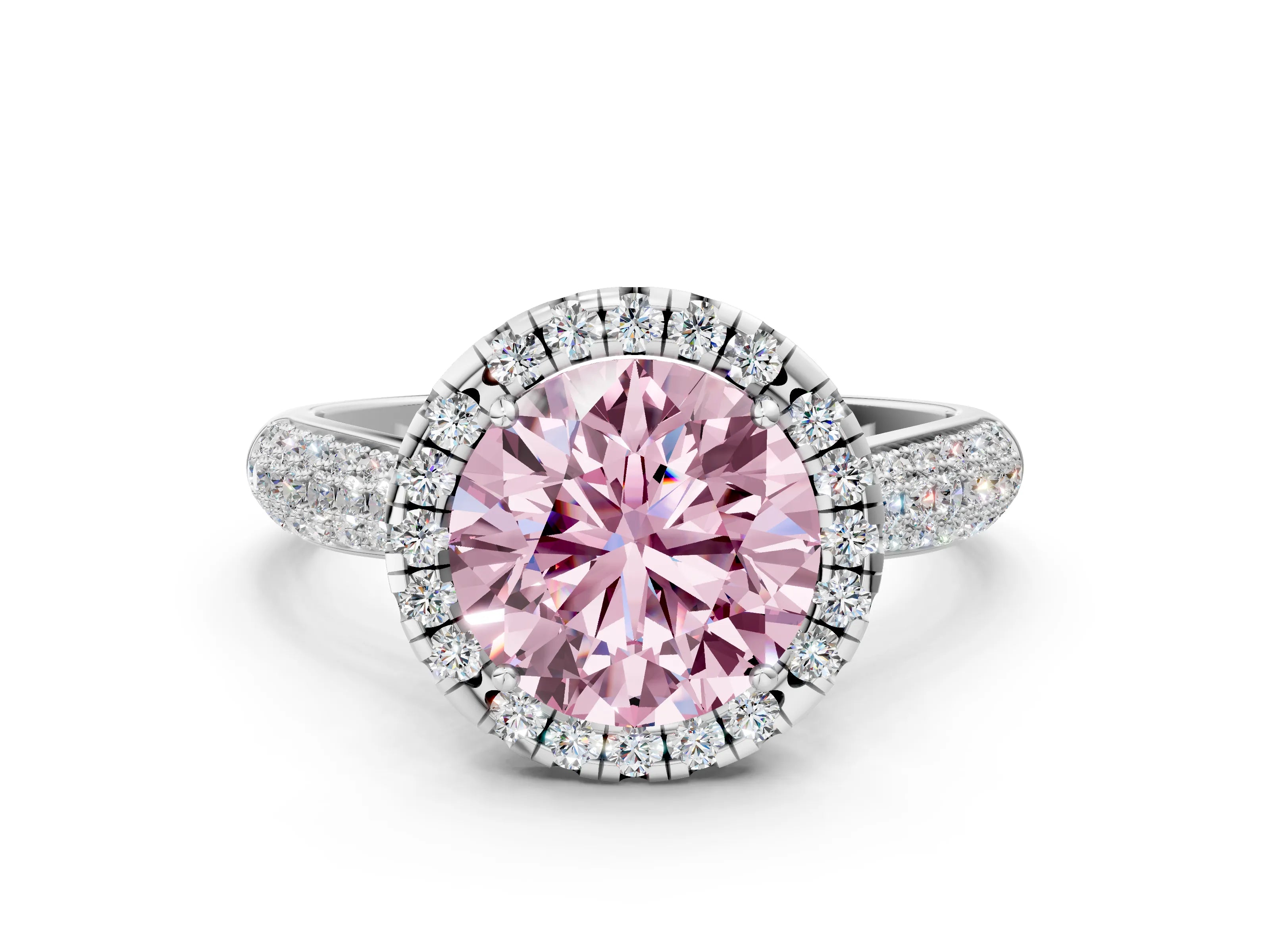 White gold Fancy Pink Round Cut Halo Diamond Ring with Pavé Band_36