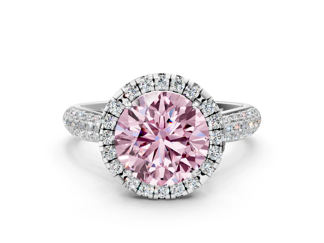 White gold Fancy Pink Round Cut Halo Diamond Ring with Pavé Band_36