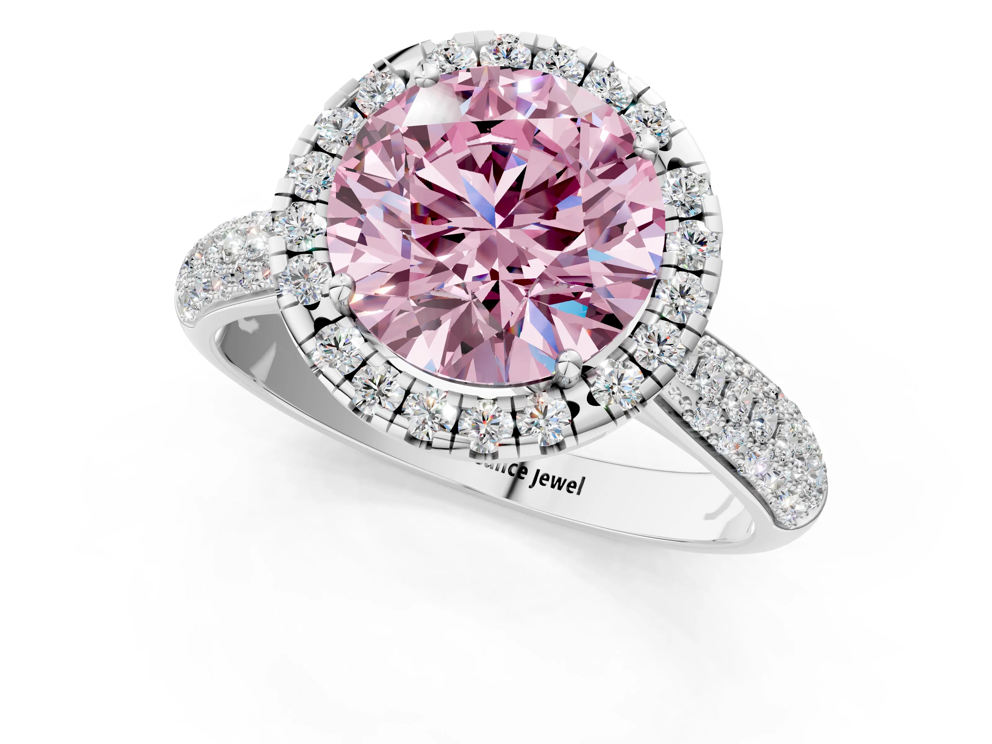 White gold Fancy Pink Round Cut Halo Diamond Ring with Pavé Band_37