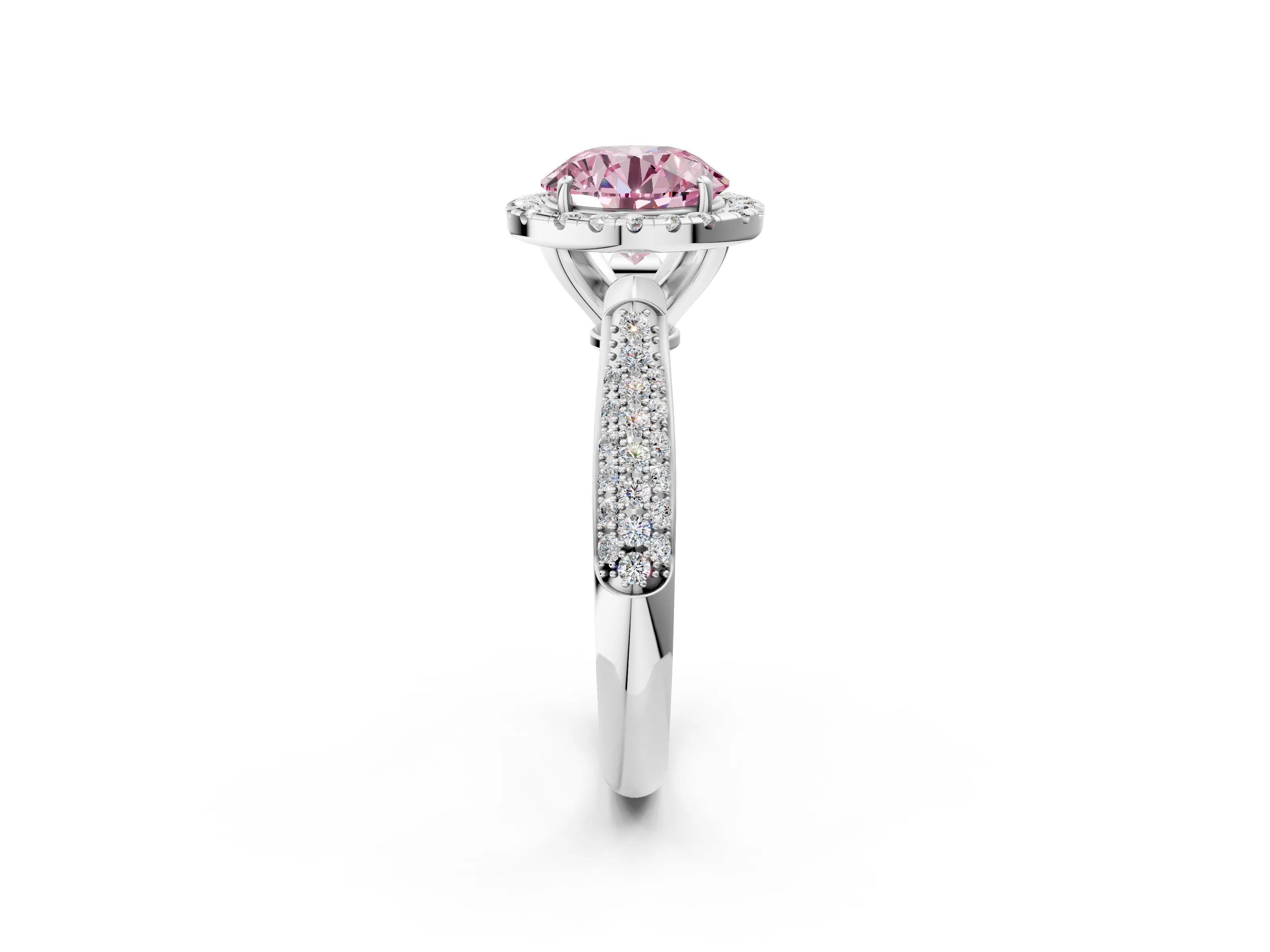 White gold Fancy Pink Round Cut Halo Diamond Ring with Pavé Band_38