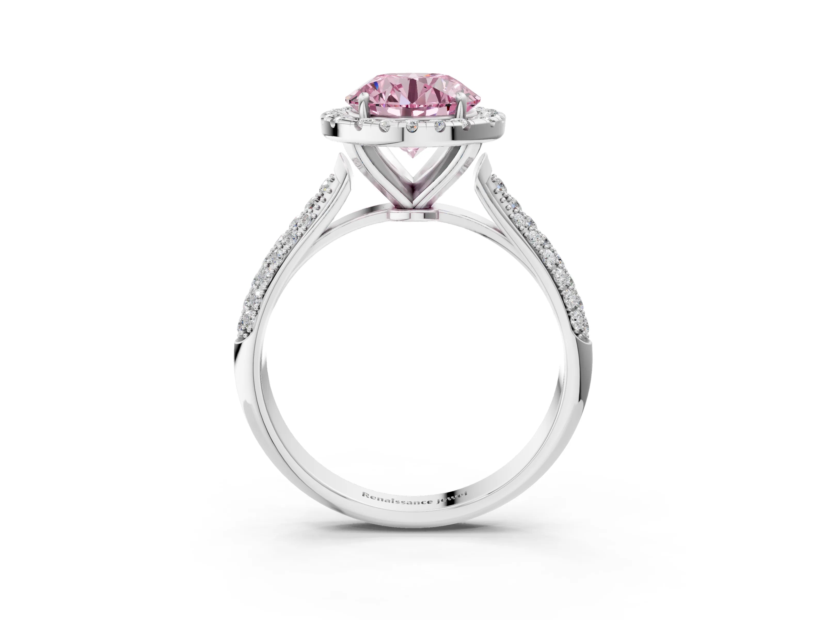 White gold Fancy Pink Round Cut Halo Diamond Ring with Pavé Band_39