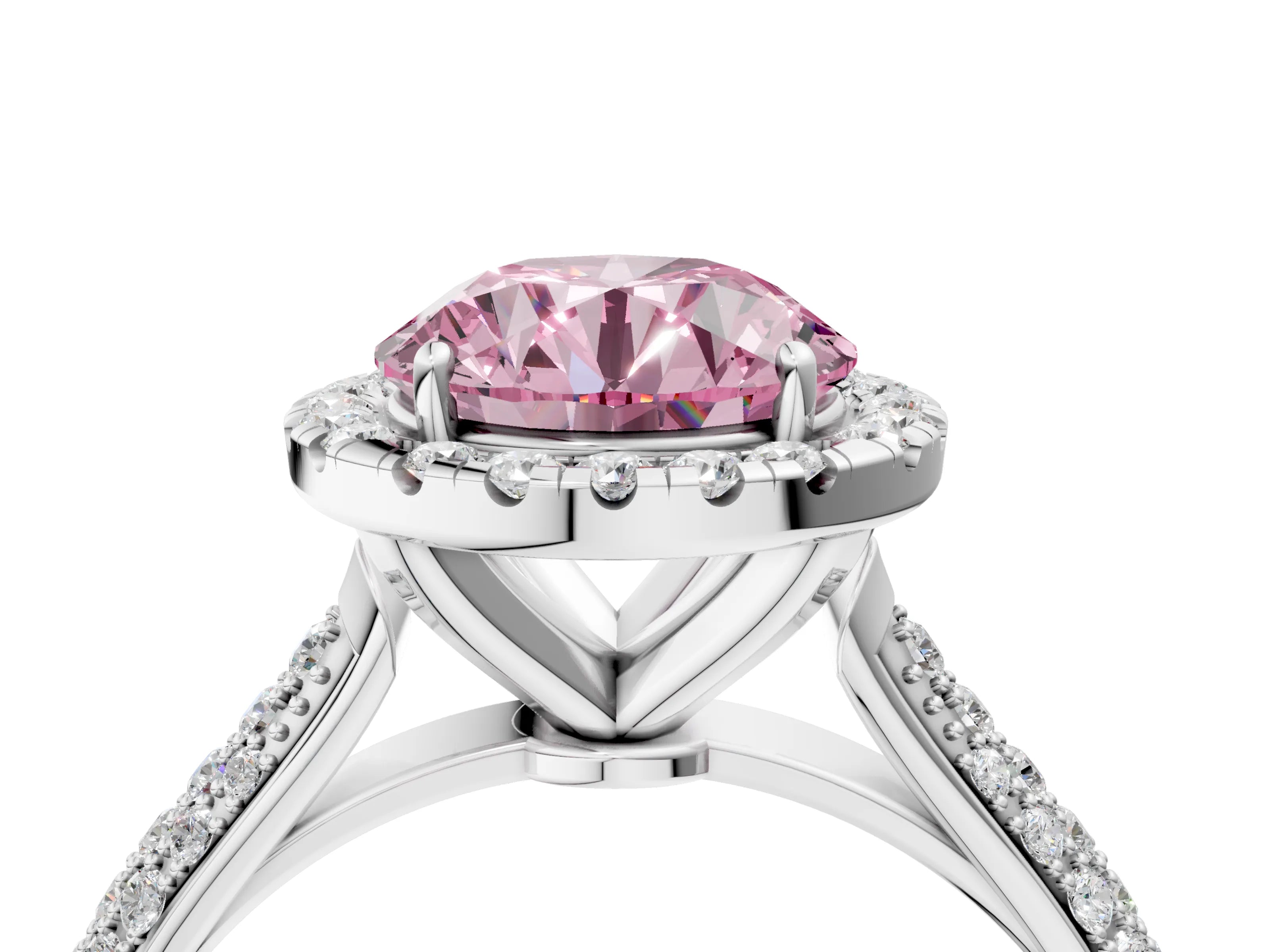 White gold Fancy Pink Round Cut Halo Diamond Ring with Pavé Band_40