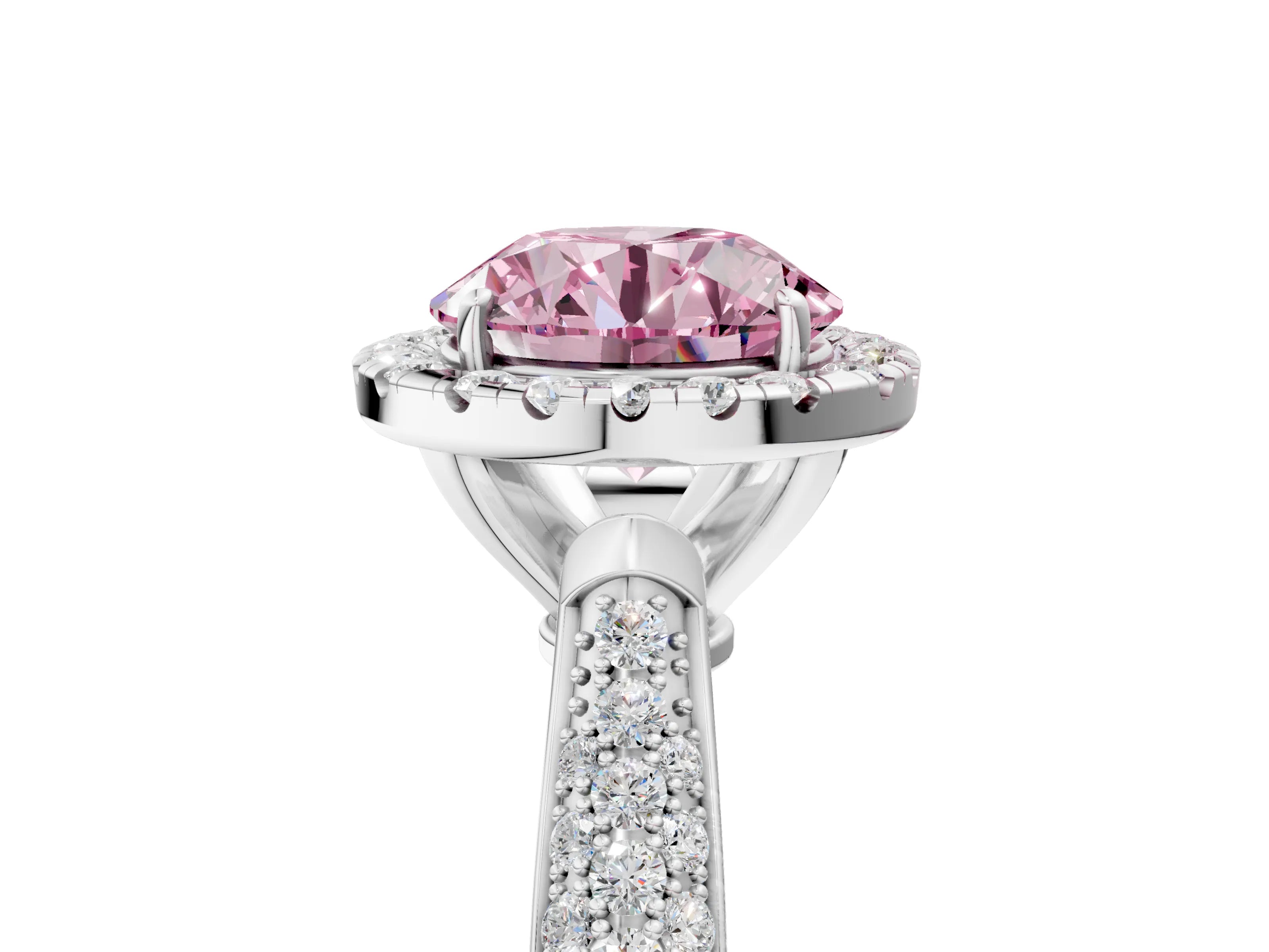 White gold Fancy Pink Round Cut Halo Diamond Ring with Pavé Band_41