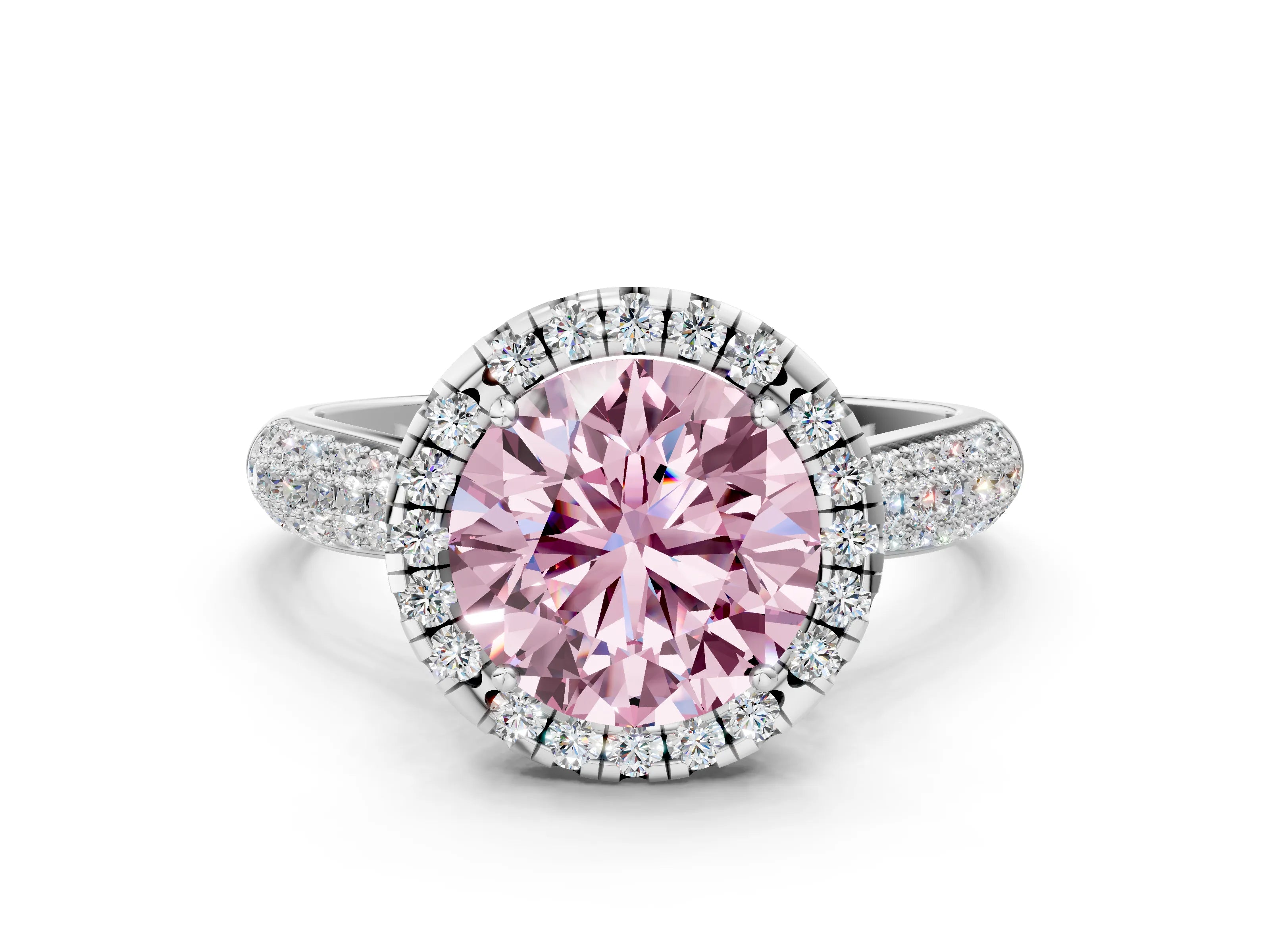 White gold Fancy Pink Round Cut Halo Diamond Ring with Pavé Band