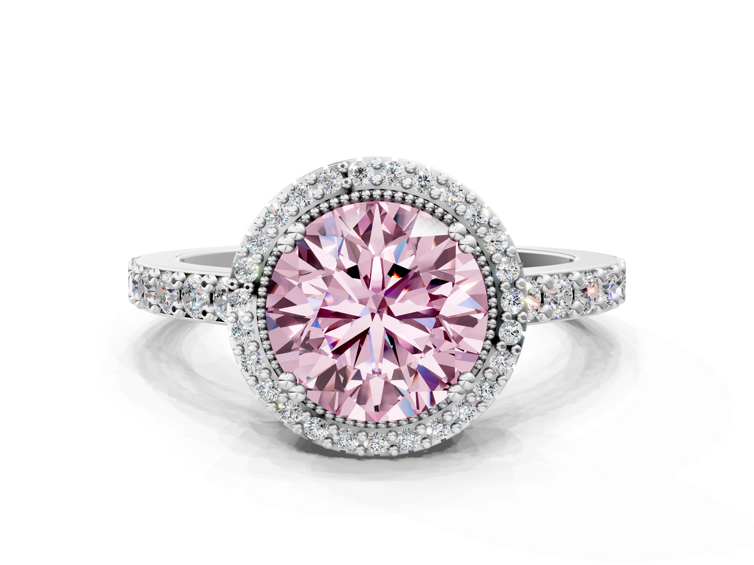 White gold Fancy Pink Round  Cut Halo Diamond Ring with Pave Band and Four-Prong Setting