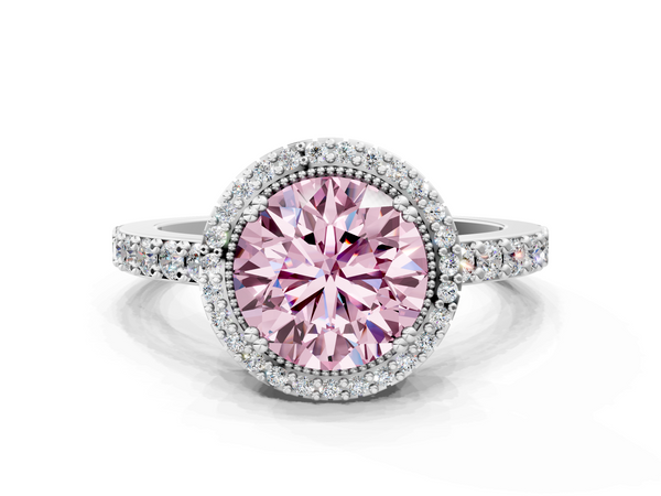 Platinum Fancy Pink Round  Cut Diamond Halo Engagement Ring with Milgrain Detail and Pavé Band