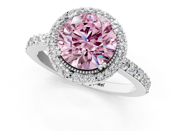 Platinum Fancy Pink Round  Cut Diamond Halo Engagement Ring with Milgrain Detail and Pavé Band