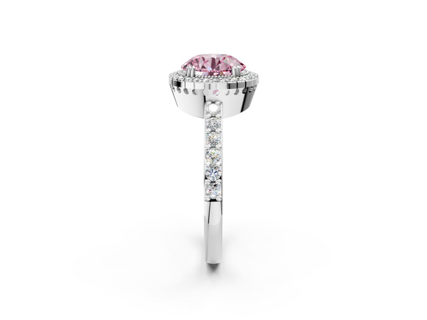 Platinum Fancy Pink Round  Cut Diamond Halo Engagement Ring with Milgrain Detail and Pavé Band